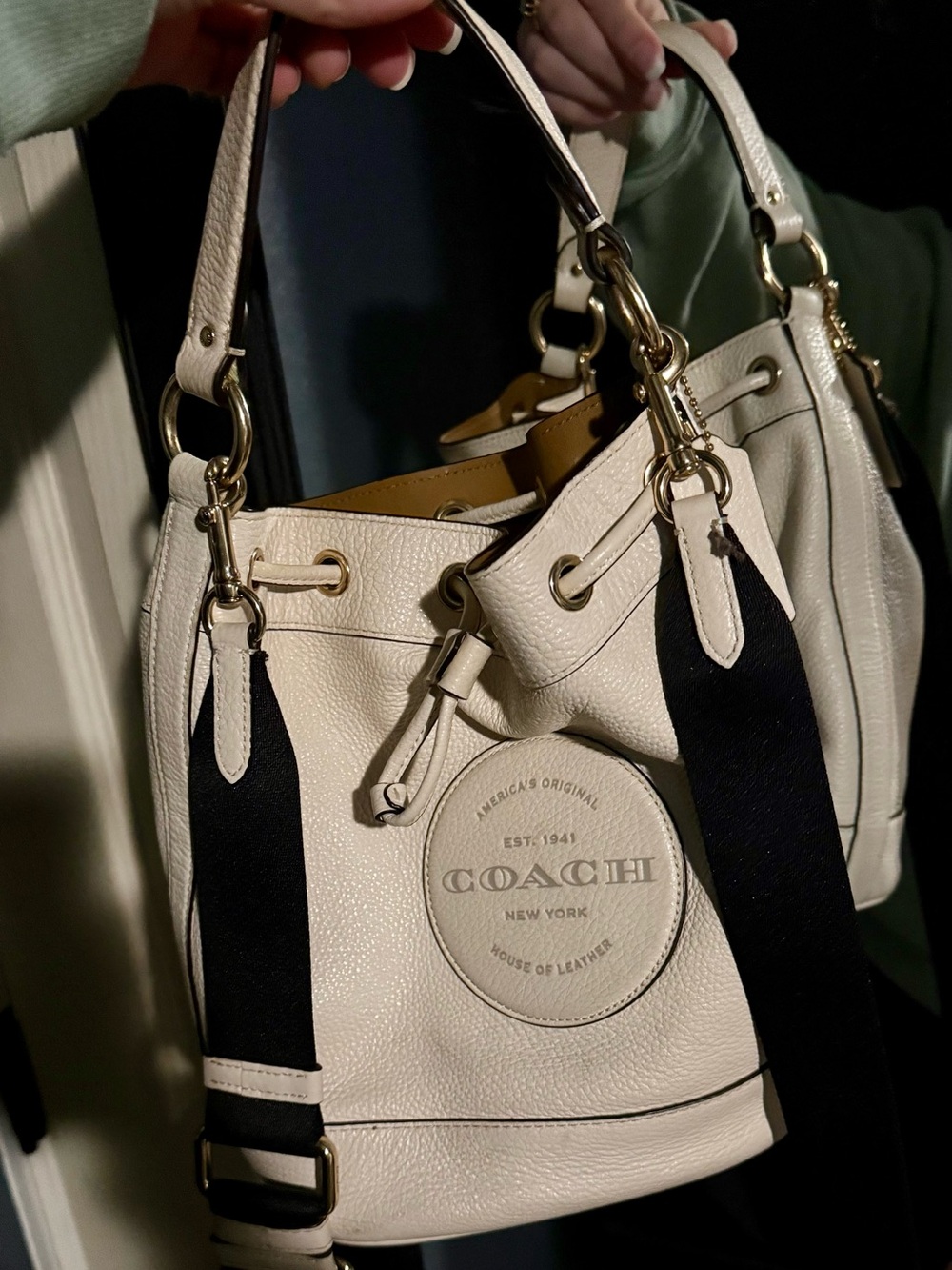 COACH Cream Pebbled Leather Drawstring Bucket Bag